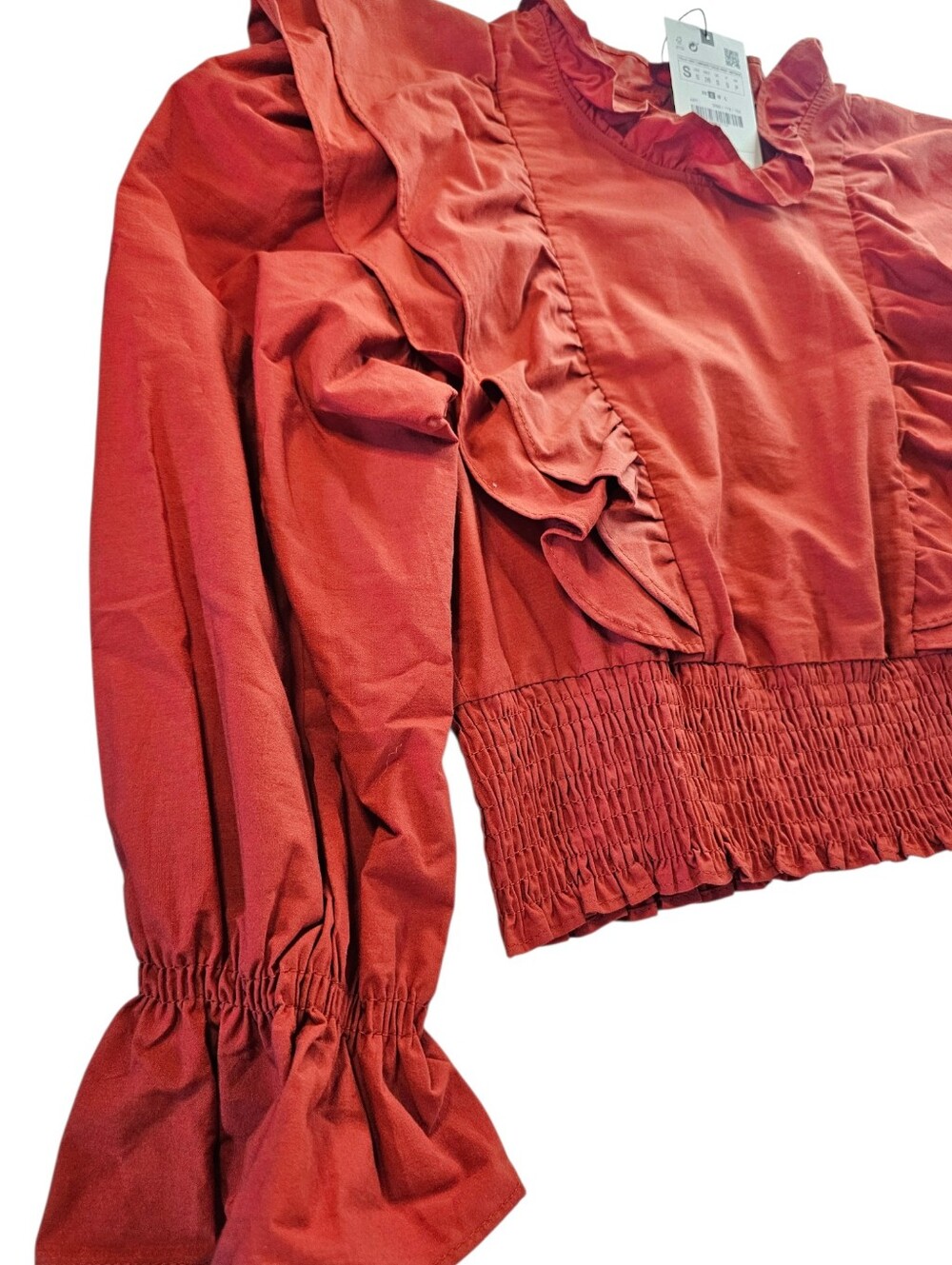 Zara Rust Brick Red Ruffled Poplin Smocked Waist Shirt, Size Small